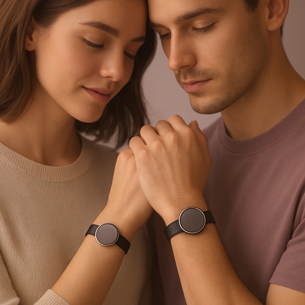 A couple wearing matching touch bracelets
